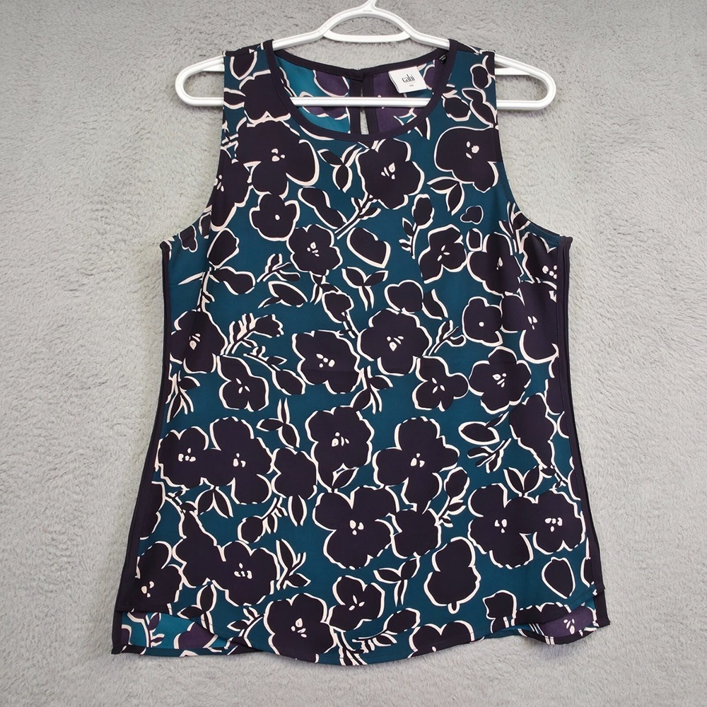 CAbi‎ Top Womens S Teal Purple Sleeveless Floral Warhol Office Preppy Business